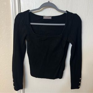 Urban Outfitters Black Scoop Neck Long Sleeve Ribbed Crop Top, Women's L